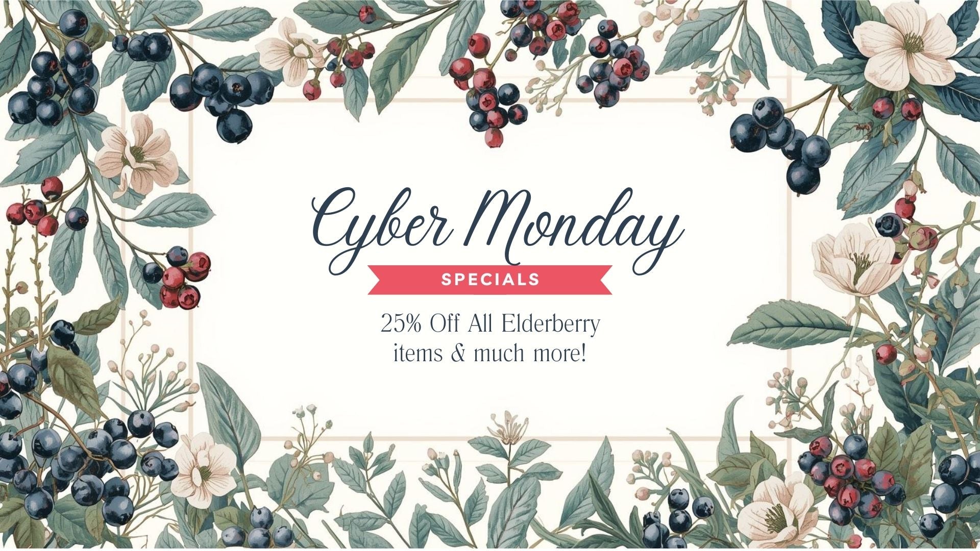 Cyber Monday special advertisement with floral and berry design